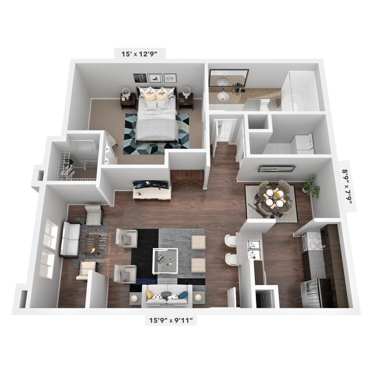 Floor plan for 1 bed, 1 bath, 890 sqft